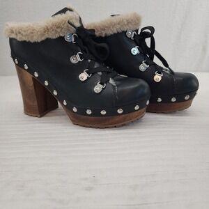 Guess Women's Black Lace Up Platform Studded Clog Mule Heel Faux Fur Trim‎ 7.5M